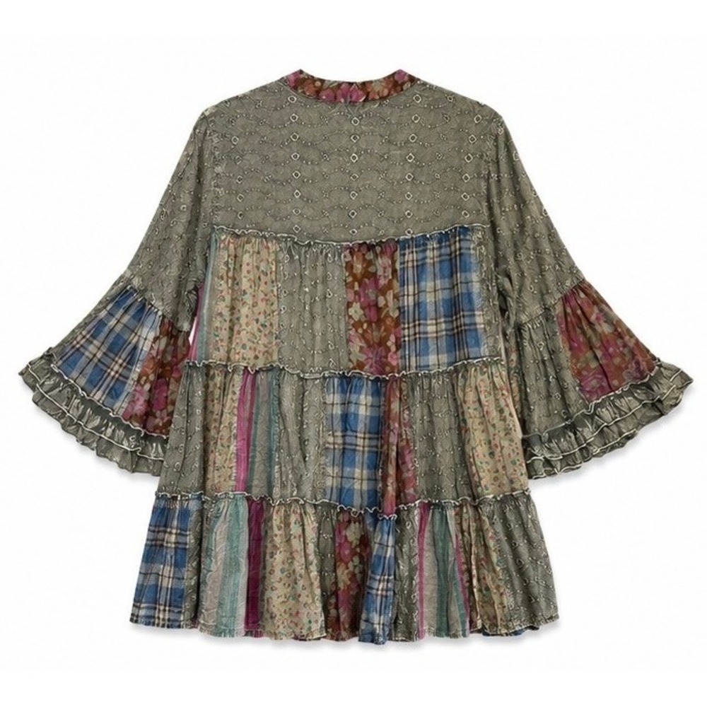 Young Threads Gravel Patchwork Boho Tunic Top Floral Plaid Embroidery Sz:S NWT - Picture 6 of 8